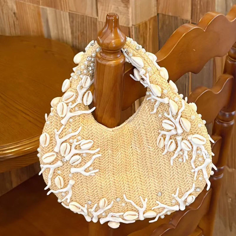 

Half Moon Straw Beach Bags For Women Luxury Designer Handbag Purse 2026 New In Papyrus Knitting Inlaid Seashell Slim Small Wrist