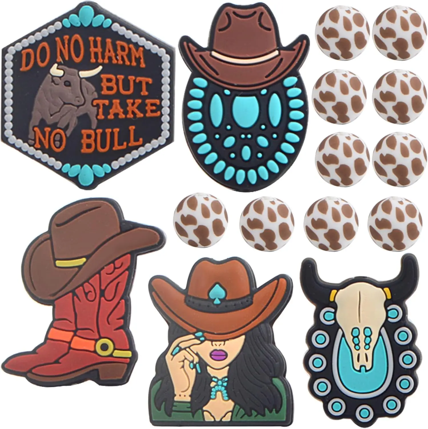 

15Pcs Western Cowboy Silicone Beads Cute Hat Boot Cowgirl Animal Round Cow Printed Rubber Spacer Beads for DIY Bracelets