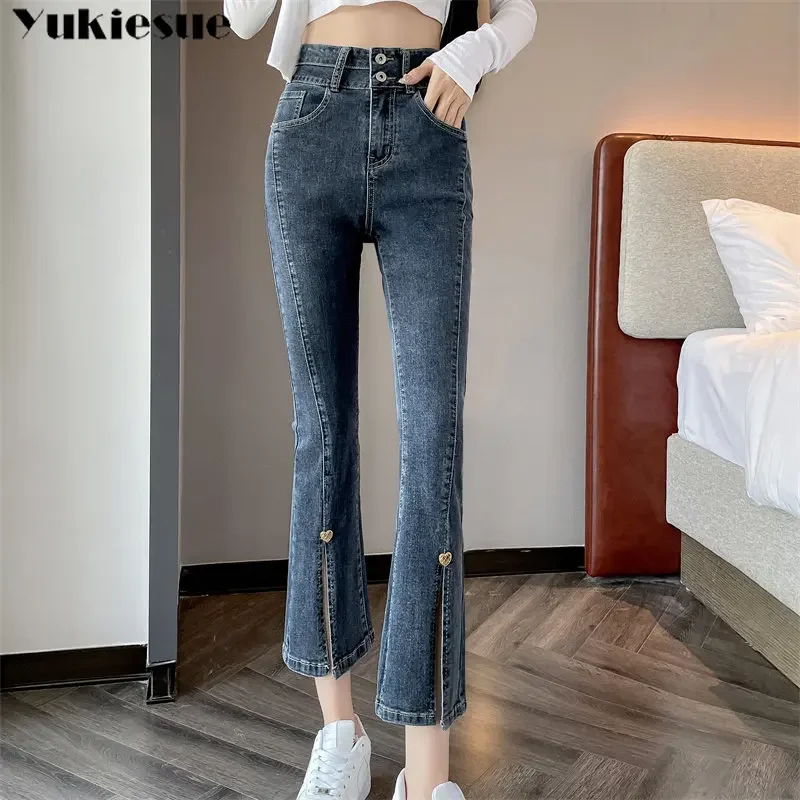 

Корейские повседневные тонкие модные эластичные шикарные женские джинсы длиной до щиколотки в стиле ретро, женские джинсы с разрезом спереди, элегантные универсальные расклешенные джинсы