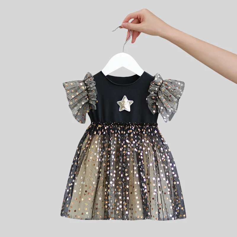 

2-6Y Girls Sequin Tulle Princess Dress Korean Style Spring Summer Cotton Blend Fluffy Skirt Party Birthday