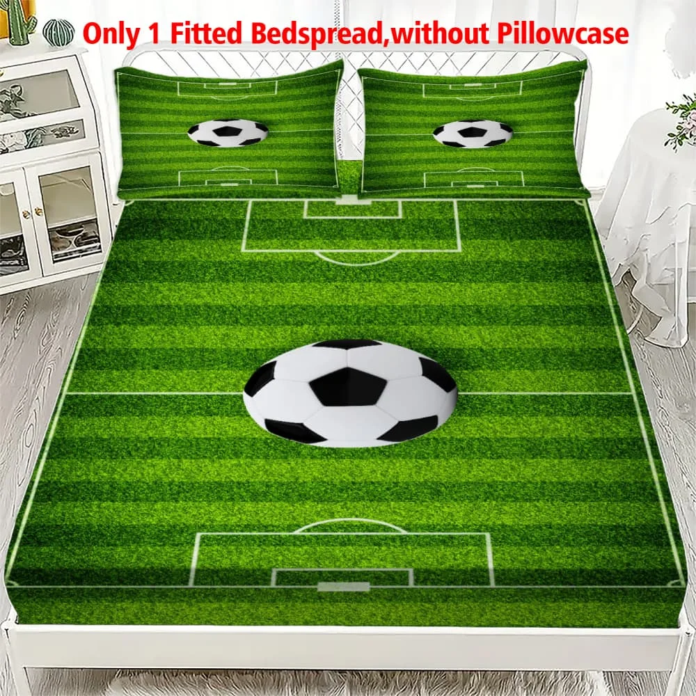 1pc Soccer Field & Ball Print Fitted Sheet Deep Pocket Elastic Mattress Cover Single Double Queen King Bedroom Decor