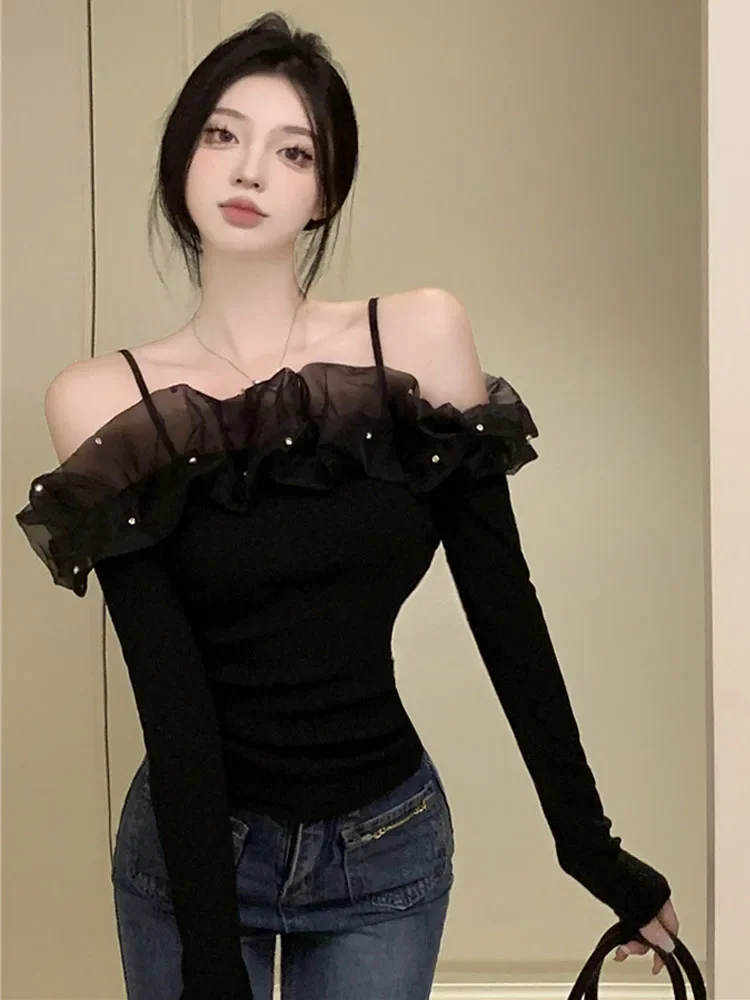 T-Shirt Design Slim Fit Top New Women's Clothing 2025 Spring Autumn Temperament Ruffle Mesh Splice Drill