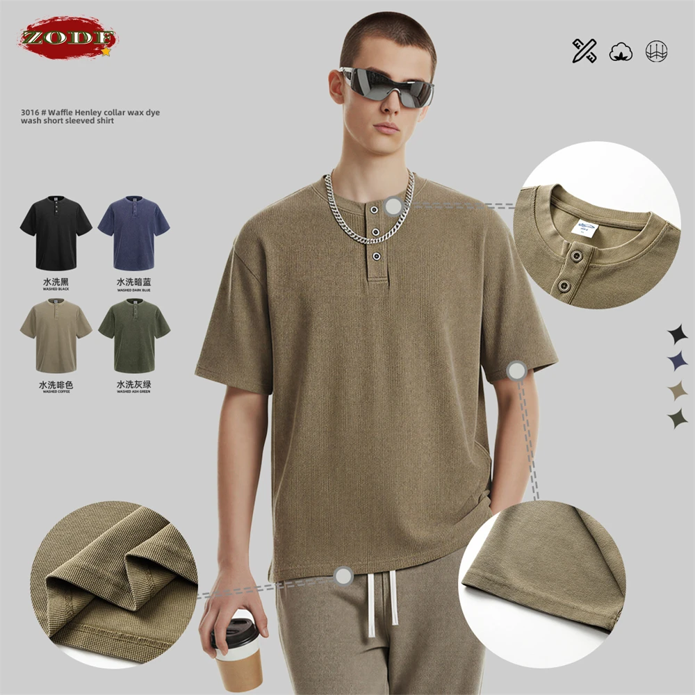 

Футболка унисекс ZODF Retro 2026 летняя мужская, 325 г/м², с эффектом батик, вафельная, с воротником хенли, с коротким рукавом, HY1225