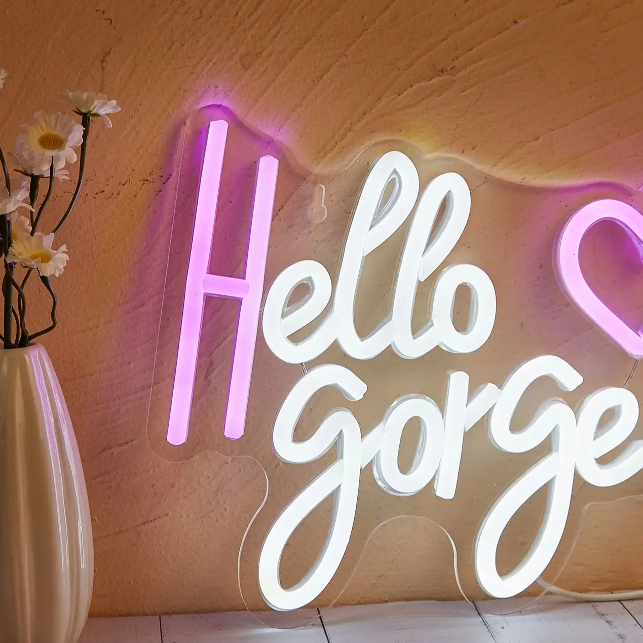 Chi-buy LED Neon Hello Gorgeous Heart USB Powered Neon Signs Night Light 3D Wall Art Bedroom Living Room Decor Lamp Signs