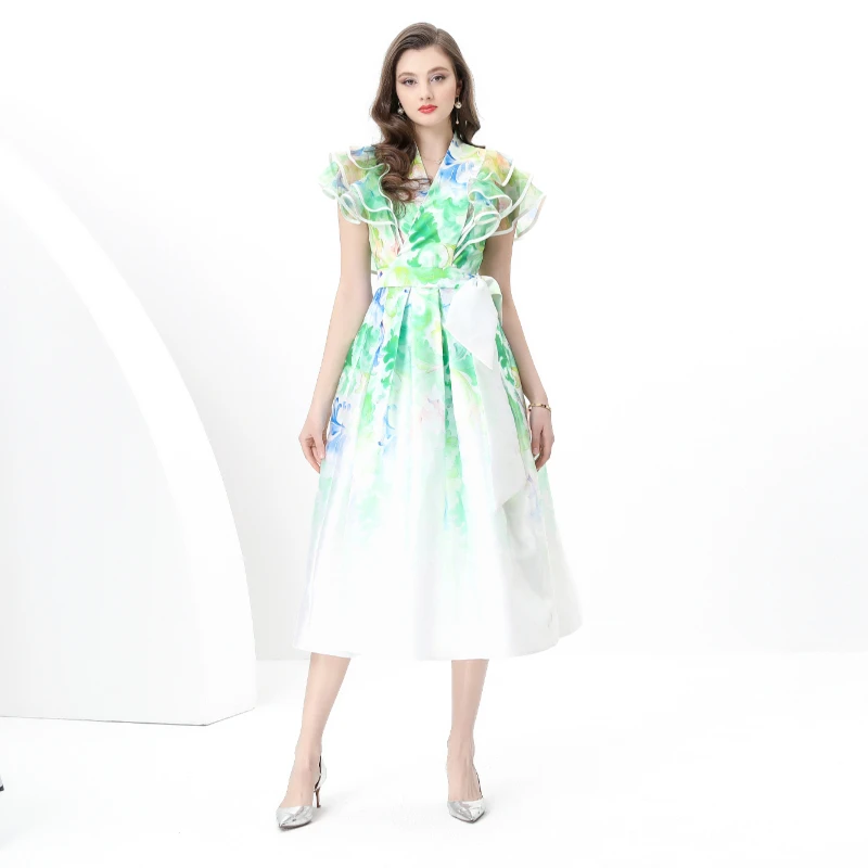 

Early Spring 2025-Holiday Wrap Lace-up Style Flounced Sleeve Long Retro Printing Dress