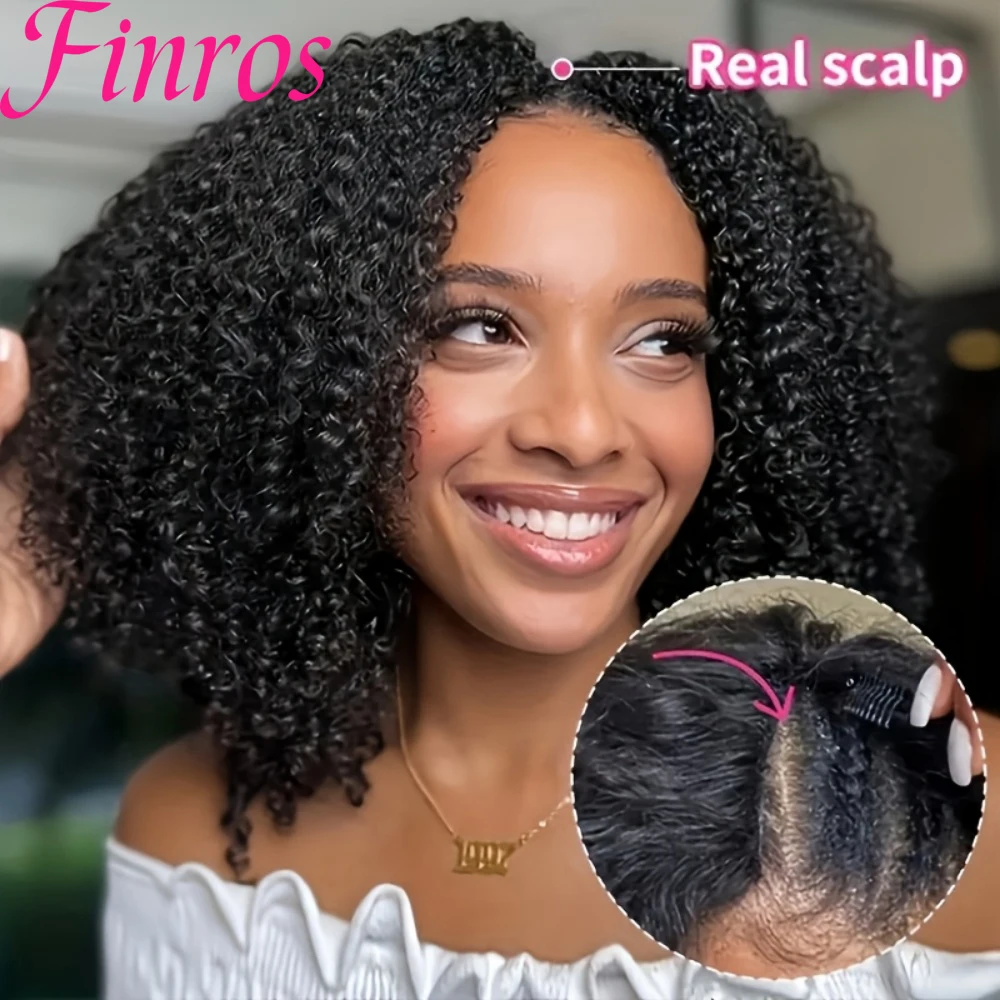 

Finros Burmese Curly Hair V Part Wigs Black Deep Curly V Part Glueless Wigs 200% Density Water Curly Virgin Human Hair Half Wigs