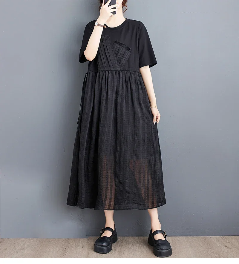 Soft Cotton Linen Black White Cozy Loose Japanese Lace Check Cotton With Slip Mandarin Collar Oversized Summer Dress