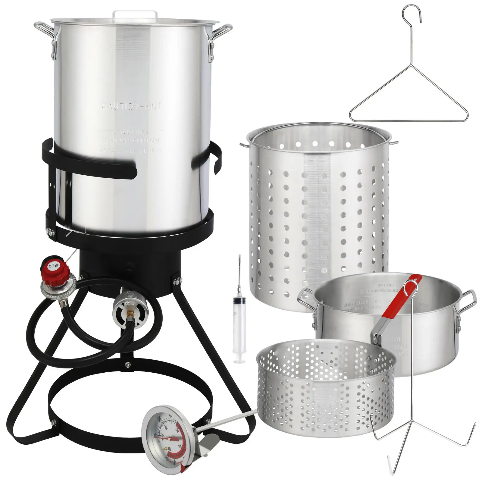 

13x32 Inch 4-Piece Set: Black Round Iron Stove Frame & Silver Aluminum Turkey/Fish Pots - 30qt & 10qt Gas Fryer