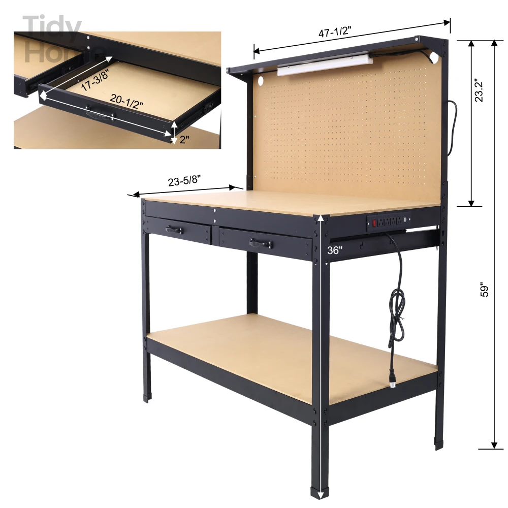 Steel Workbench WITH led light, Tool Storage Work Bench, Workshop Tools Table WITH Drawer and Peg Board , built-in power panel