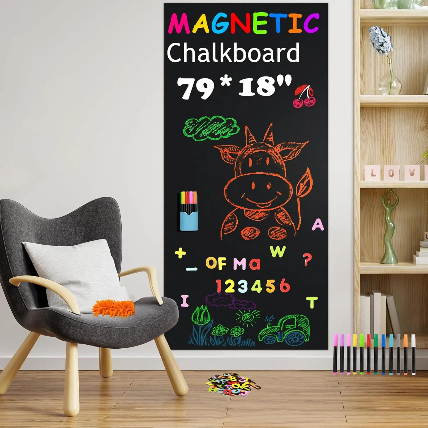 

Магнитные обои-доска 79x18 дюймов, самоклеящаяся меловая доска с буквами и мелом для детской игровой комнаты