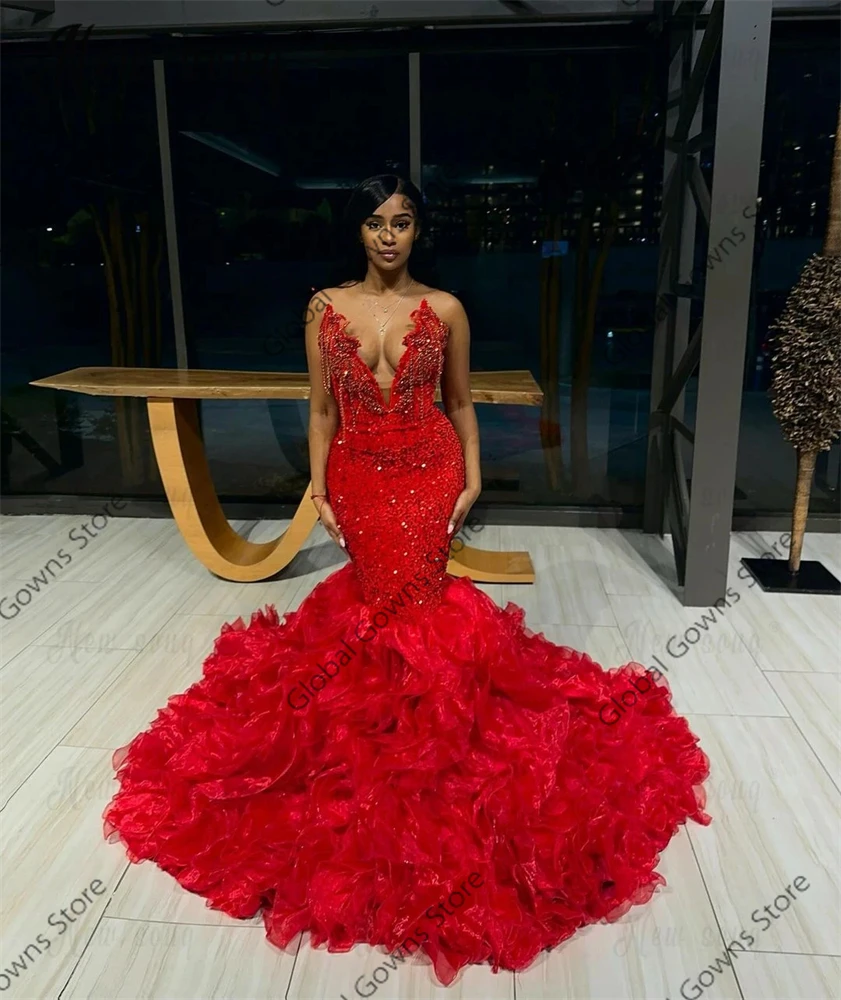 Red Strapless Sequin Long Prom Dresses Black Girl Bead Crystal 2024 Birthday Luxury Dress Tassel Ruffles Evening Gown Customized image 2
