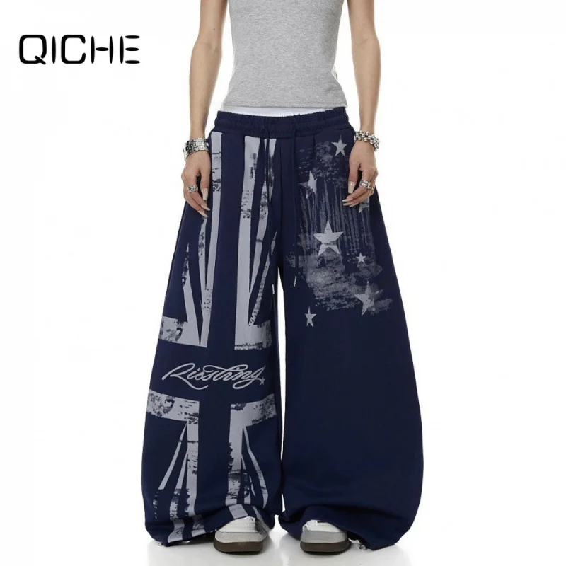 QICHE Men Curved Casual Sweatpants Union Flag Print Unisex Loose Long Trousers Daily Outerwear Pants 2026