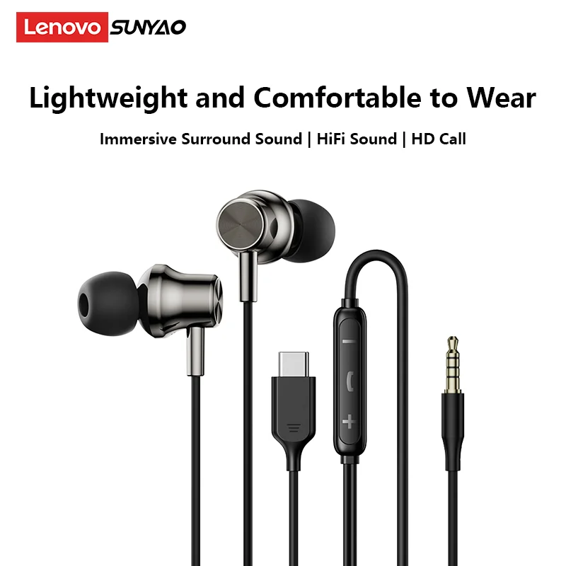 Lenovo Y130 3,5mm/Type-C In-Ear Kabelgebundene Ohrhörer Surround-Sound IPX4 Wasserdicht Kabelgebundener Sportkopfhörer HD-Anruf 0 Latenz Gaming-Headset