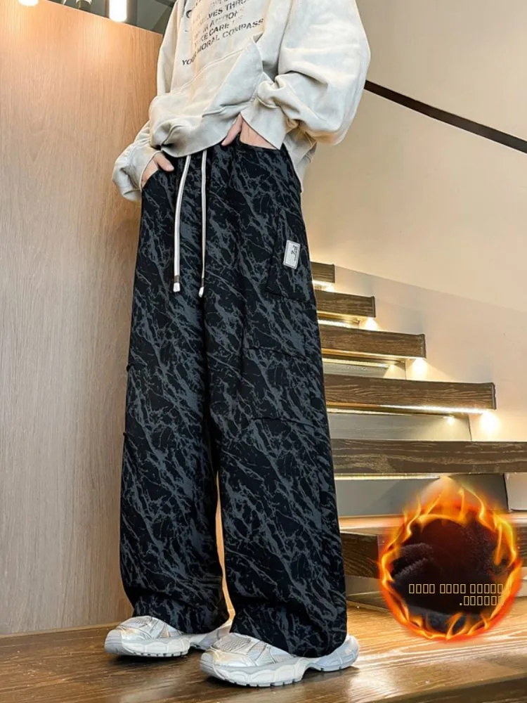 

Мужские утепленные флисом теплые спортивные брюки, зимние свободные прямые брюки с широкими штанинами, молодежные американские ретро-брюки с эффектом потертости