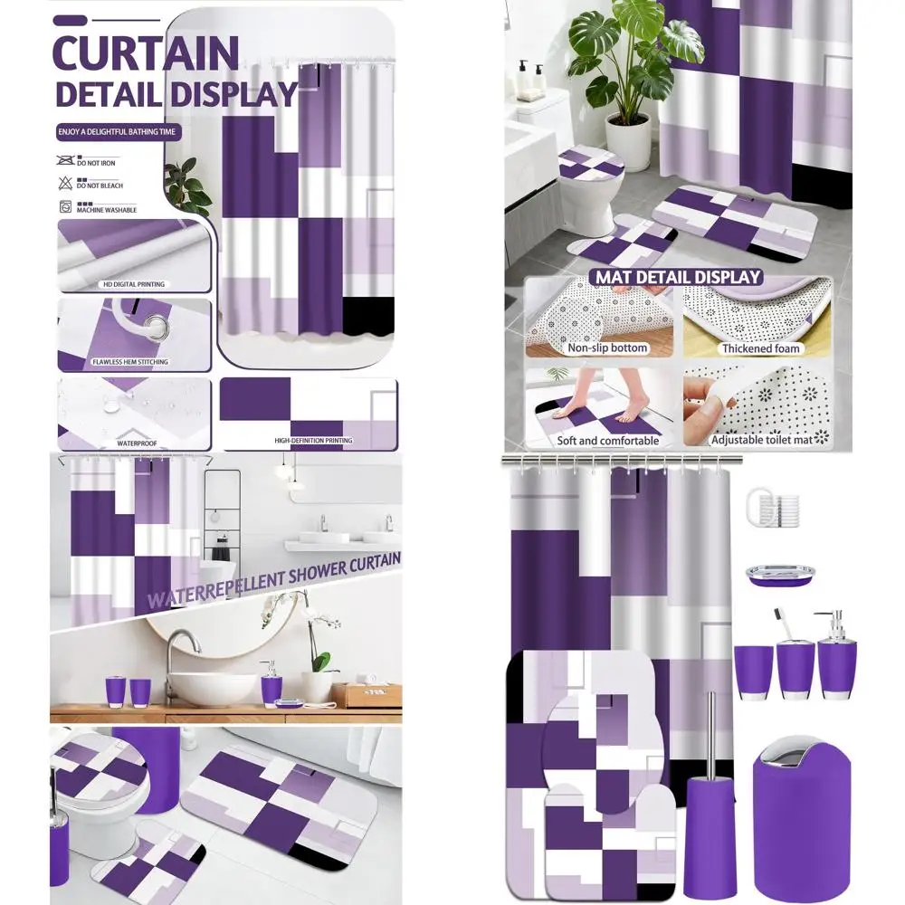 

Complete 22-Piece Purple Geometric Bathroom Set: Shower Curtain, Rugs, Trash Can, Toilet Brush, and Soap Dispenser