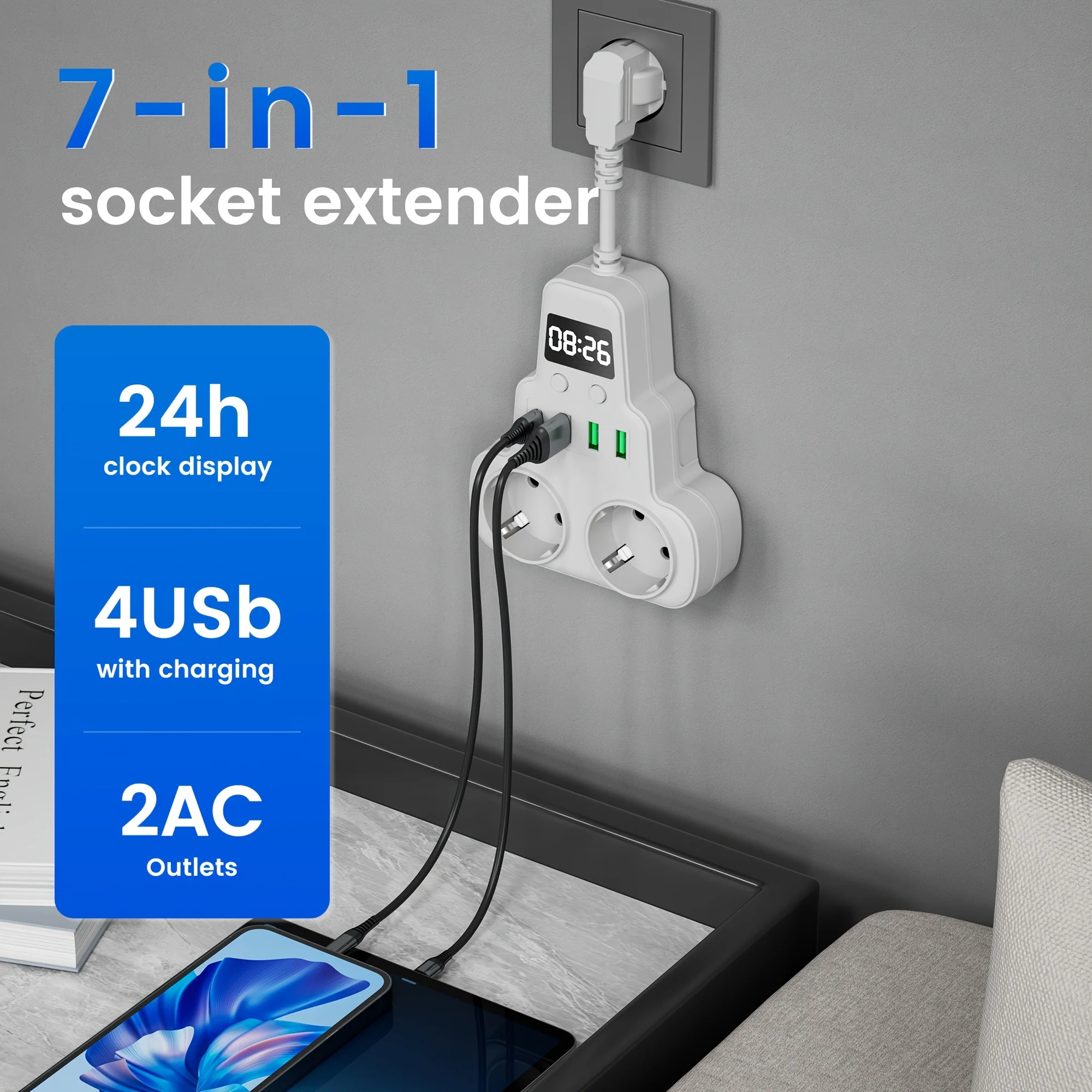 Placa de alimentación enchufable de la UE con 2 tomas de CA y 3 tomas de corriente domésticas USB tipo 1 C con múltiples teclas