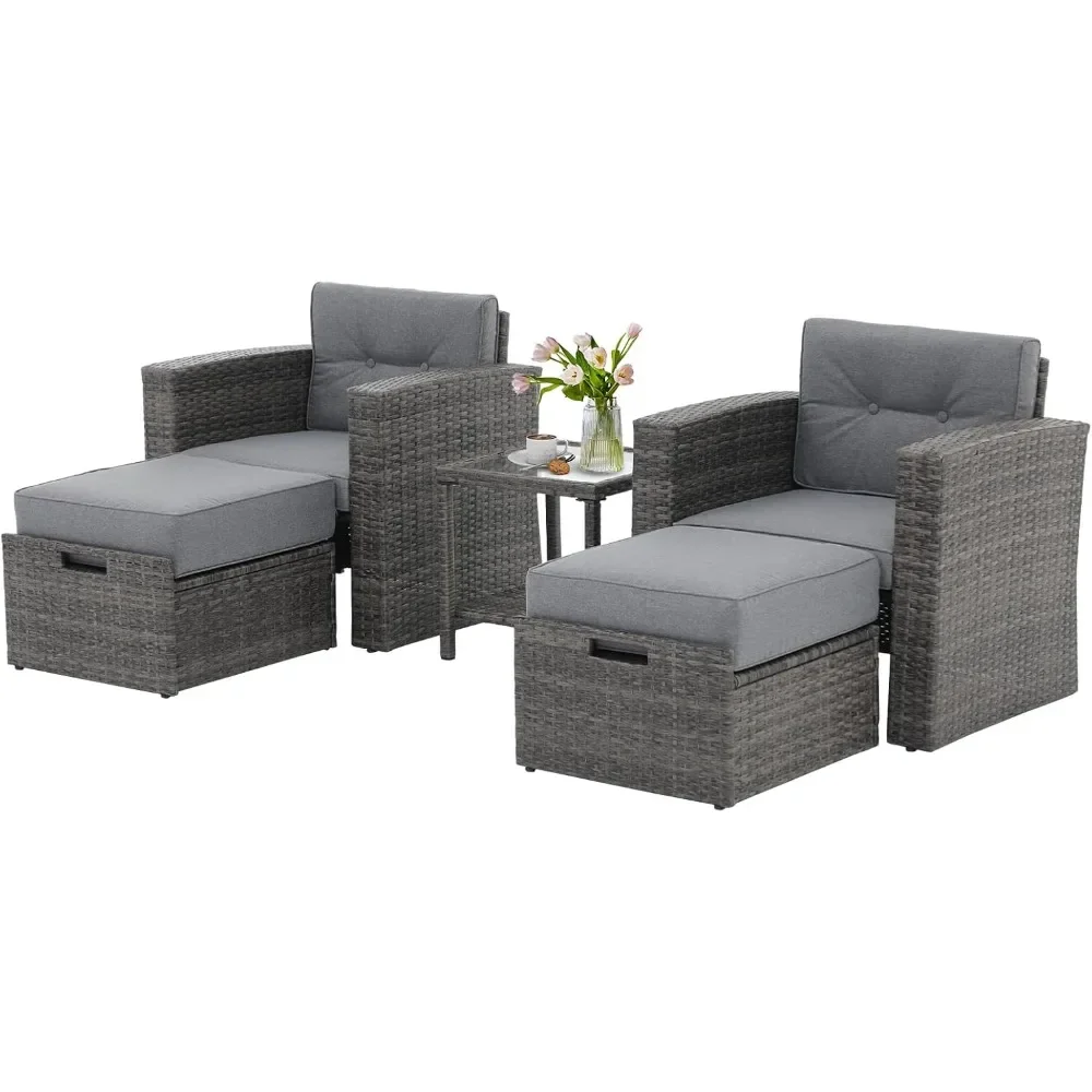 

5 Piece Outdoor Patio Furniture Set, Wicker Patio Conversation Sets, Patio Rattan Chairs with Cushions, Ottoman and Coffee