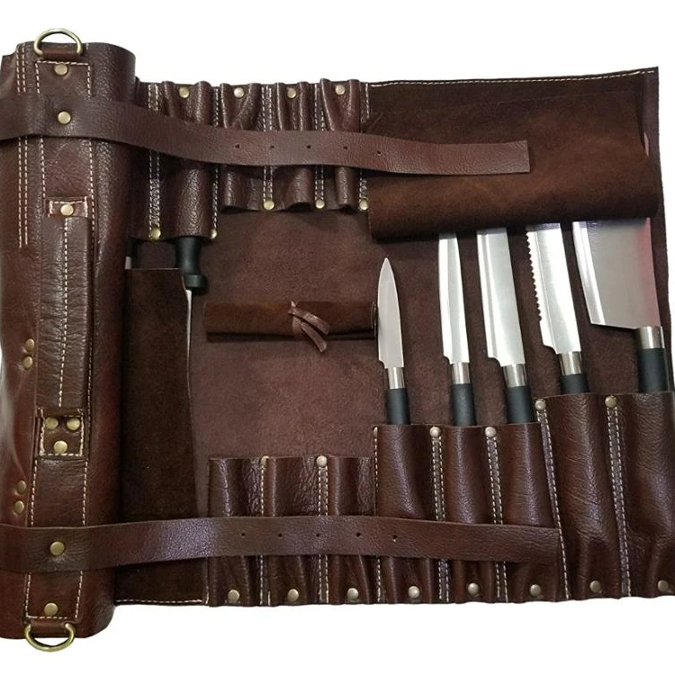 

High Quality Genuine Leather Multi Pockets Chef Tool Bags Professional Handmade Adjustable Straps Roll up Knife Storage