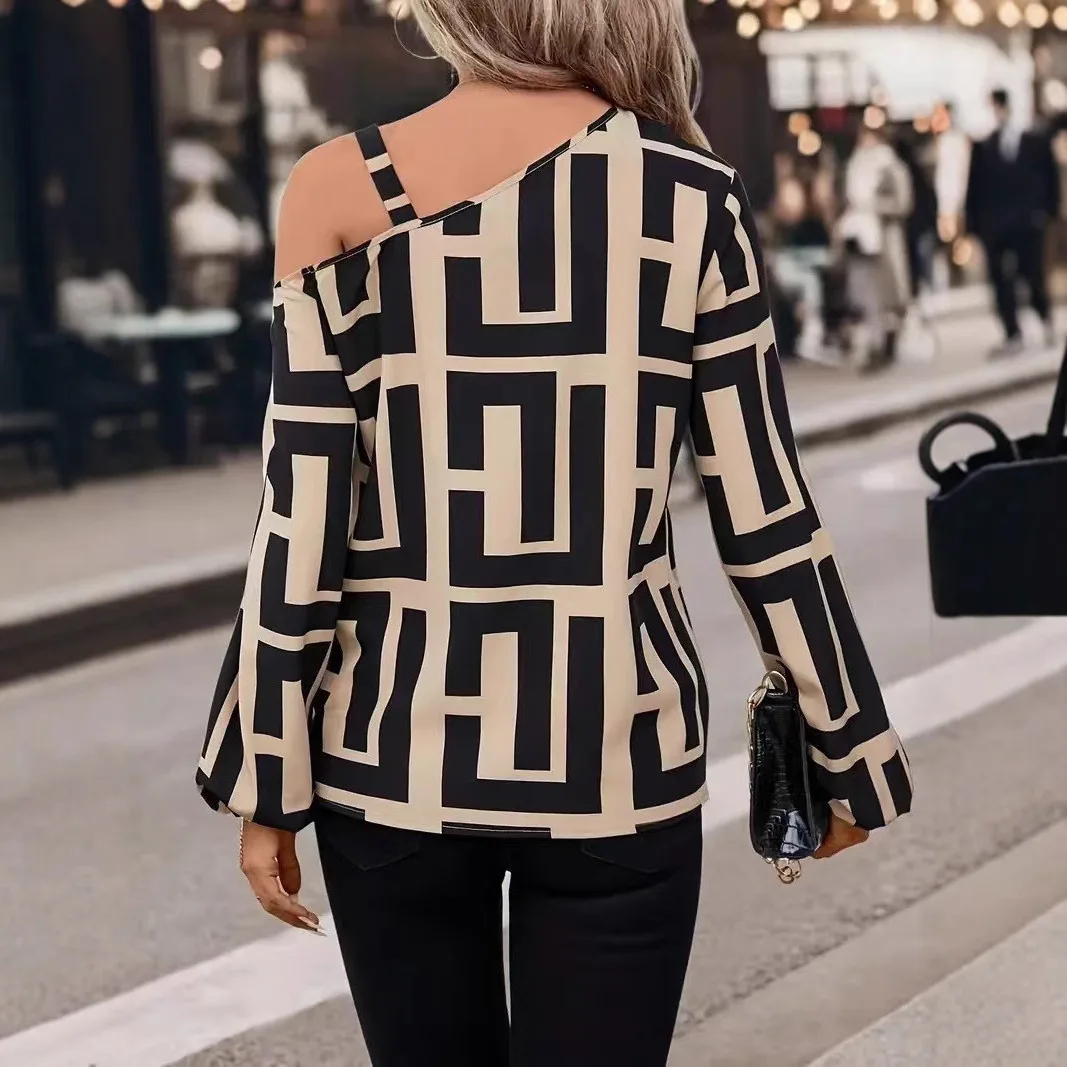 

Женская одежда 2026: Модная универсальная модель с длинным рукавом, одним открытым плечом, геометрическим принтом и элегантным кроем для весеннего сезона