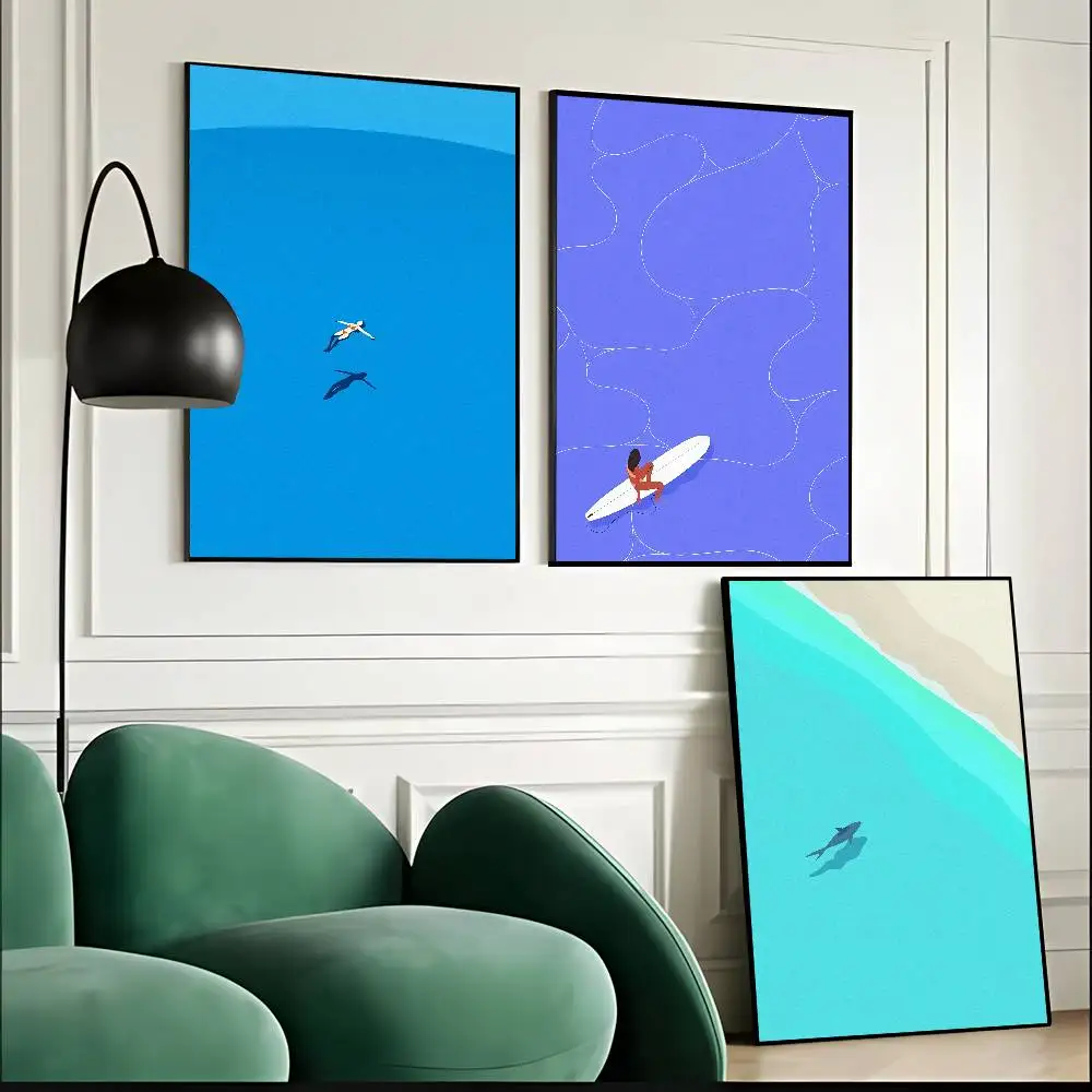 Minimalist Ocean Poster Abstract Sea Wall Art Blue Paper Sticker Shadow Print Modern Coastal Room Decor