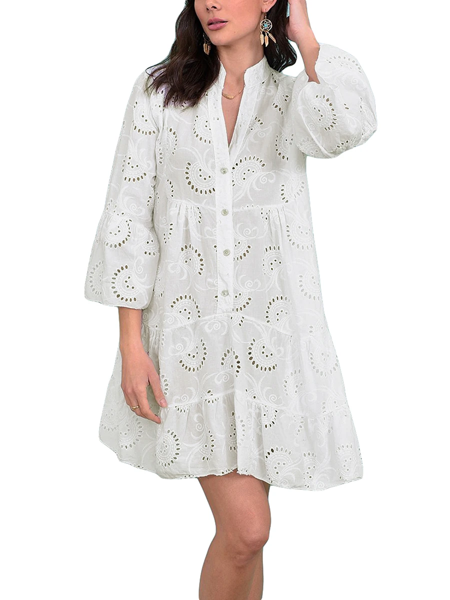 

Women s Embroidery Lace Tunic Shirt Dress Eyelet Hollow Out Long Sleeve Front Button V-Neck Loose Midi Dress