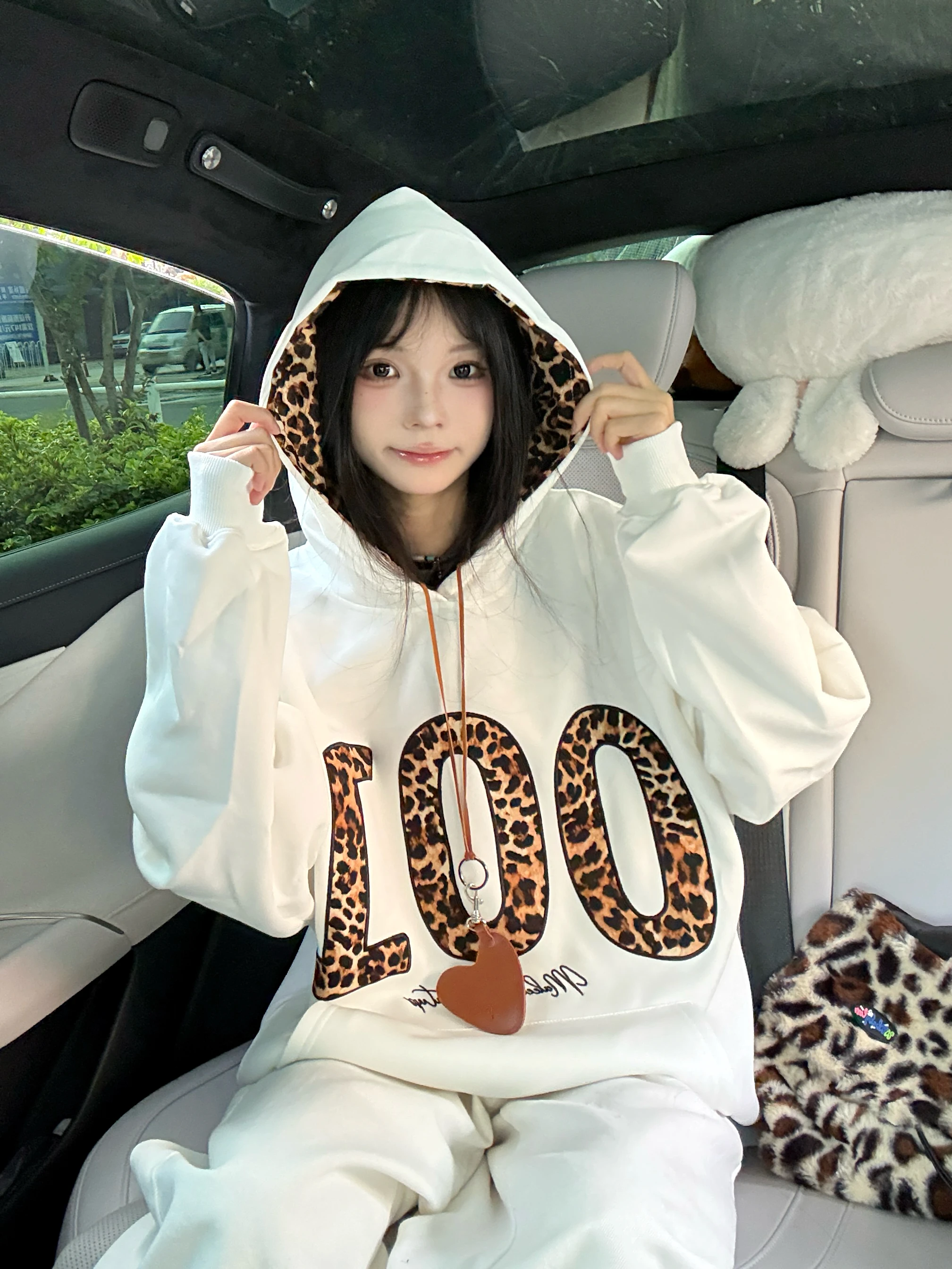 여성용 롱 슬리브 후드티 레오파드 프린트 패치워크 자수 스트리트 스타일 커플용 면 폴리에스터 혼방 편안한 핏 후드티