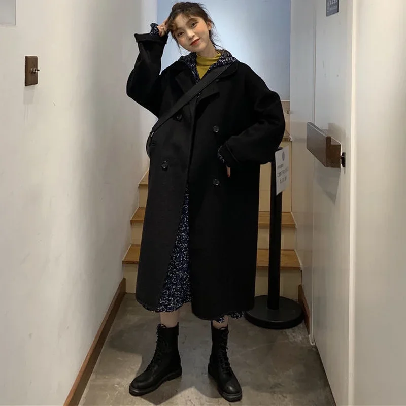 Lange Blends Vrouwen Effen Losse Ulzzang Outwear Warme Winter Zoete College Vrijetijdsjassen Retro Mode Tedere Dubbele Rij Knopen