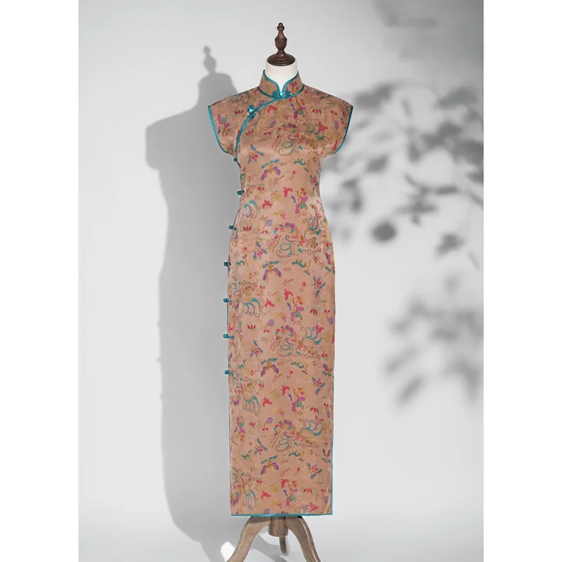 

Patterned Floral Roasted Cloud Silk Thin Summer Style Handmade Short Sleeve Long Dress Vintage Aesthetic
