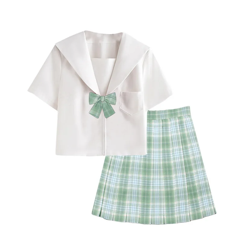 Preppy Plaid Skirt & Sailor Top Set Japanese JK Uniform Style Basic Two Piece Outfit Comfortable Fashion Wear for Campus Daily