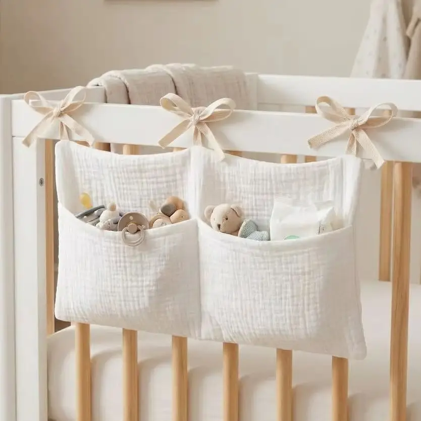 Baby Crib Organizer Hanging Storage Bag Muslin Cotton Gauze Diaper Caddy Nursery Bedside Pocket Hanging Bag with Ribbon Ties New