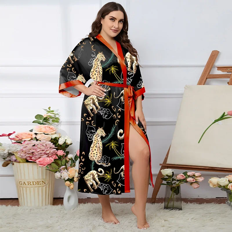 

Big Size Bathrobe Sleepwear Female Loose Print Kimono Robe Gown With Belt Lounge Casual Nightdess Women Nightgown Loungewear