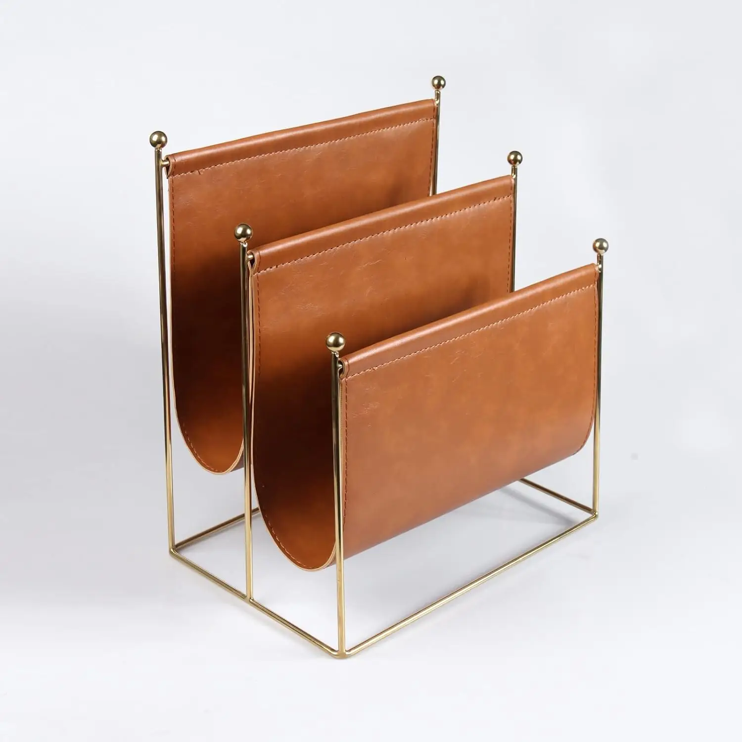 Plated Metal Wire And Leatherette Magazine Holder Rack, 2-Slot Standing Rack For Magazines, Books, Newspapers, Home Staging