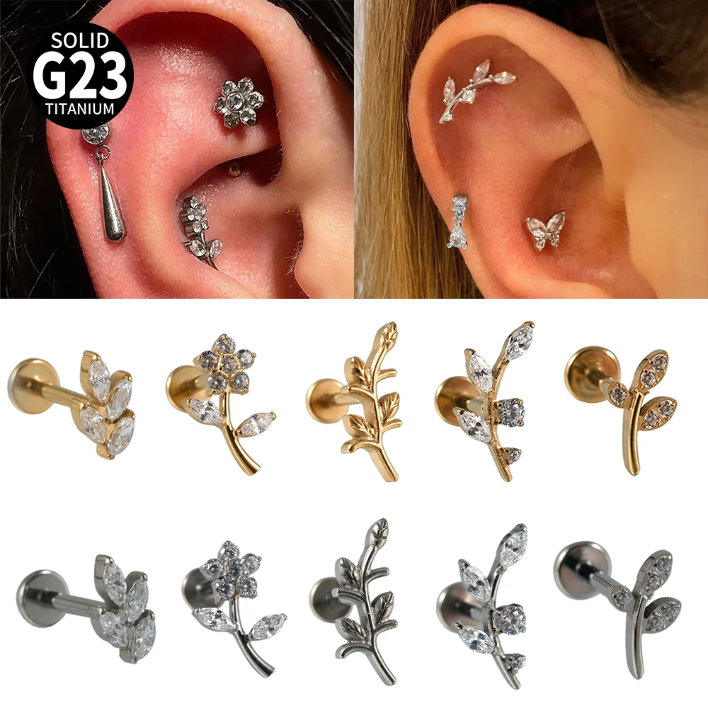 1/2/8PCS Solid Titanium CZ Flower Leaf Cartilage Earrings Stud 16G Internally Threaded Lobe Helix Ear Tragus Piercing Jewelry
