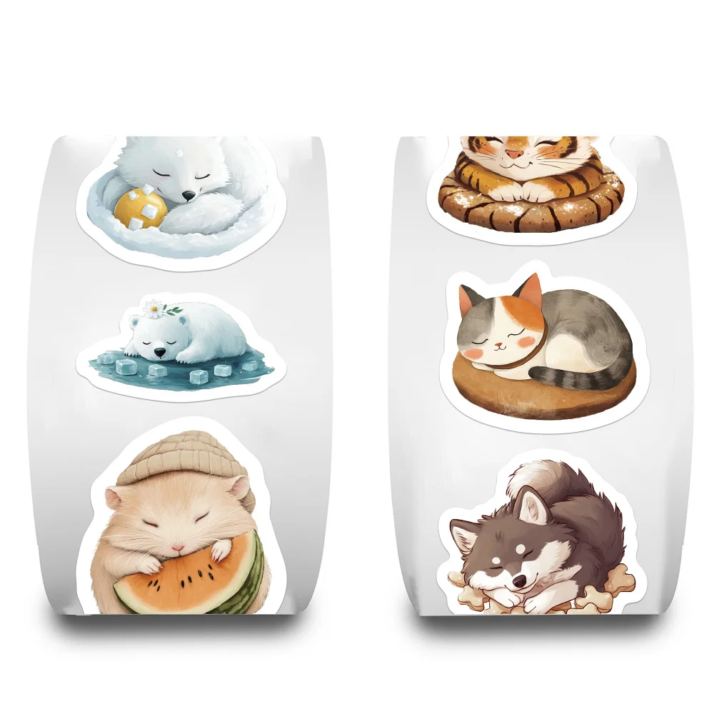 500 قطعة/لفة لطيف الكرتون الدافئة النوم الحيوان لفة ملصقات متعة الثعلب البطريق النمر القط الأسود DIY بها بنفسك المغلف دعوة جلد البقر #5