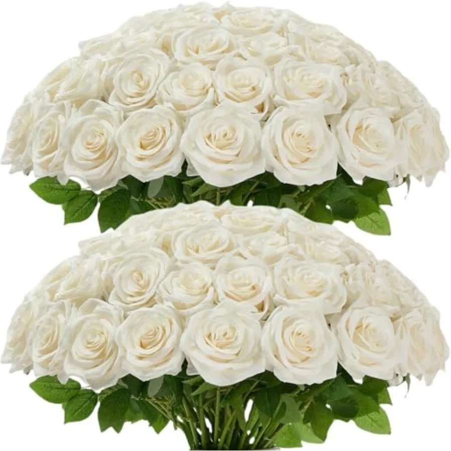 

100 Pcs White Rose Artificial Flowers Bulk, Silk Fake Roses with Long Stem for Wedding Decoration, Bridal Bouquets, DIY Flower
