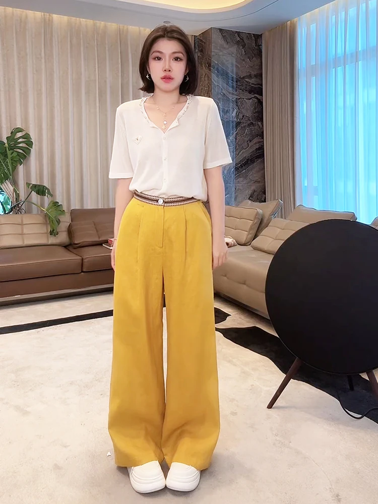 

High Waist Straight Leg Linen Casual Pants Yellow Wide Leg Loose Fit Luxury Casual Trousers by Lao Yang New 2026 Model