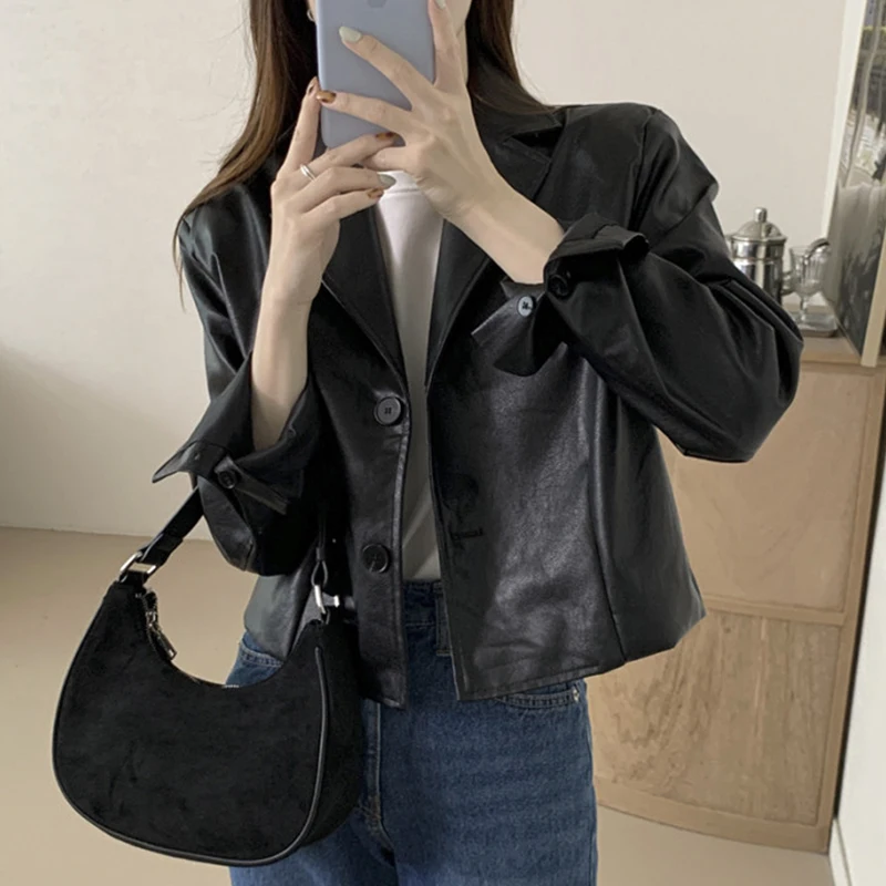 Korea Chic Vintage Notched Collar Coat Women Long Sleeve Single Bressted Loose Veste Femme All-match Fashion Moto Women's Jacket