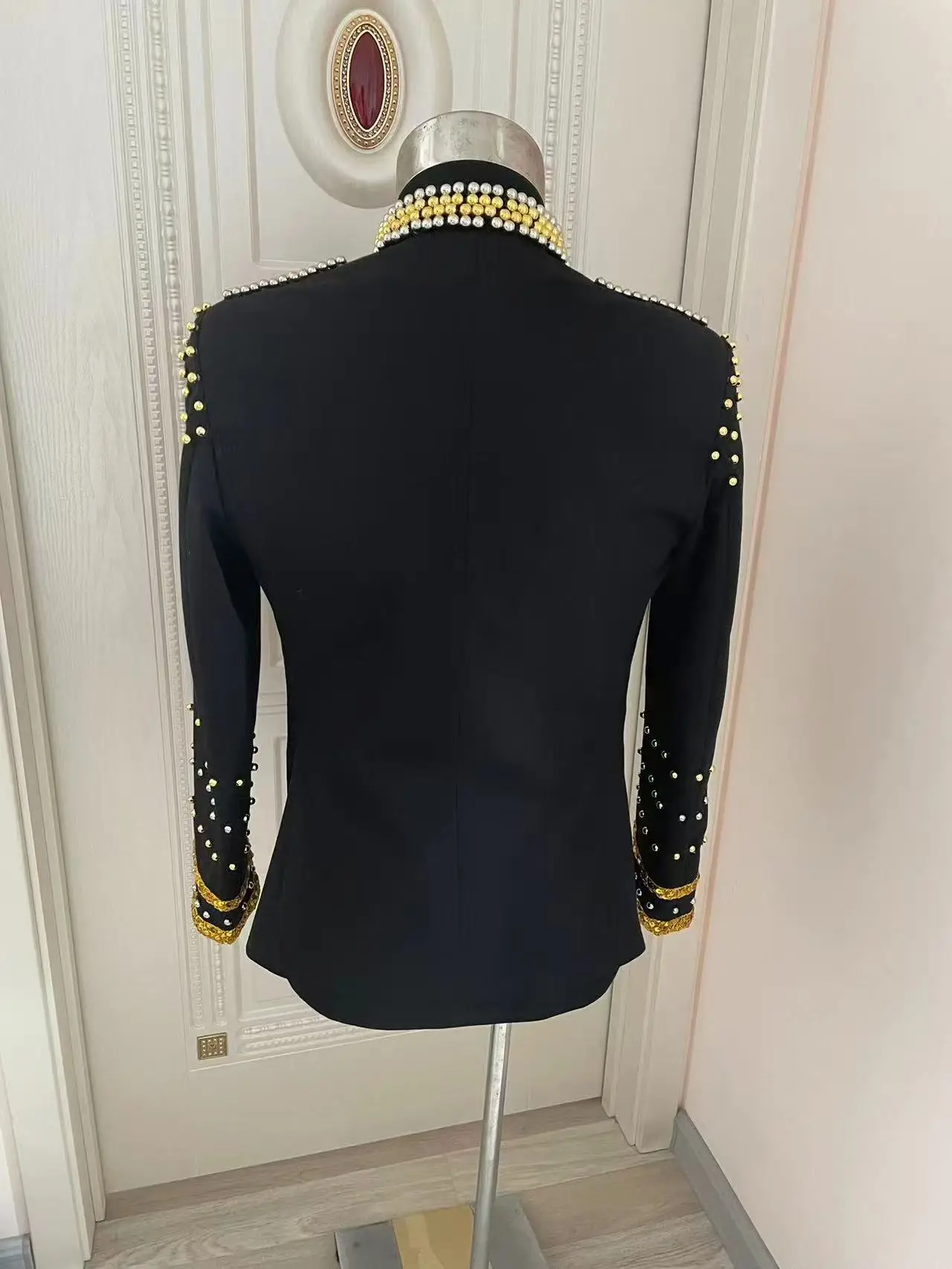 Heavy Metal Chain Black Pearls Jacket Men Cowboy Rock Coat Party Stage Show Singer Dance Performance Coat