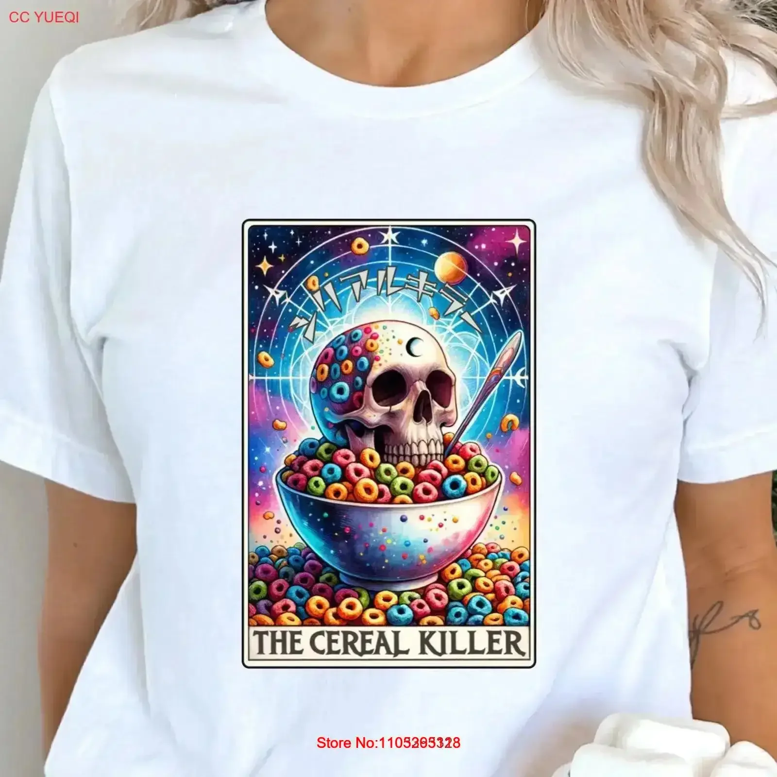 Cereal Killer Skeleton T Shirt Tarot Card Funny Japanese Writing Jersey vintage Washed Casual designer clothes graphic Soft