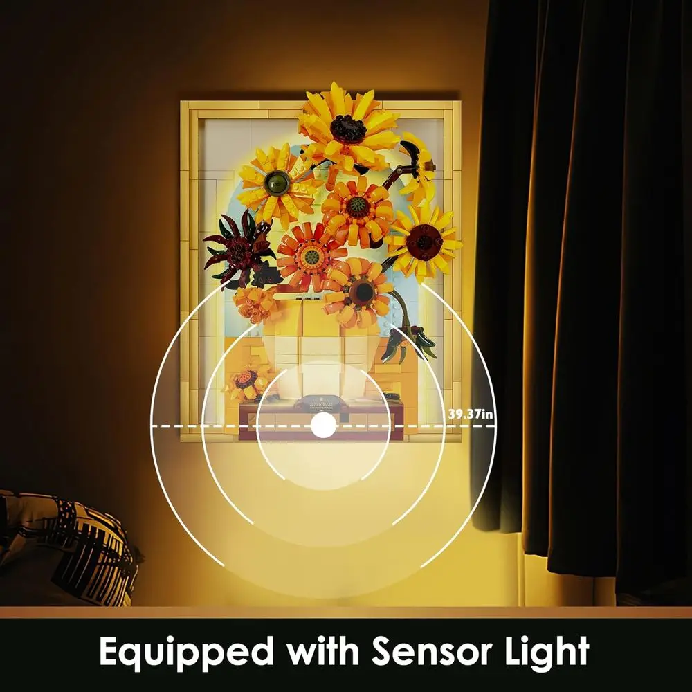 Sunflower Building Set with Lights: Adult Flower Art Craft, Van Gogh Inspired Wall Decor, Gift for Women & Girls
