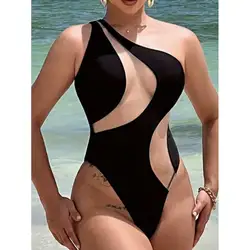 Cikini Solid Color Hollow Shoulder One-Piece Swimsuit Summer Beach Swimwear Bathing Suit For Women