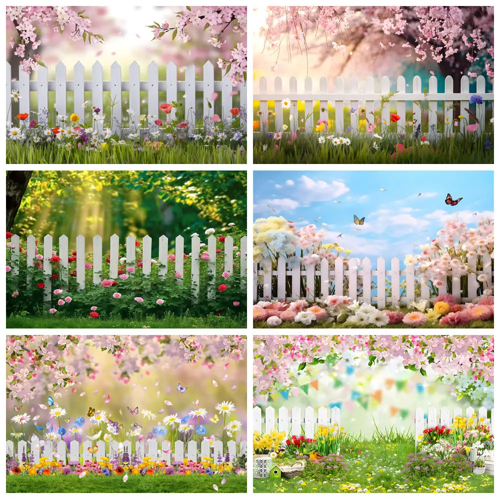 Spring Garden Natural Scene Backdrops Green Grass Flower Floral Fence Easter Kids Portrait Photography Background Photo Studio