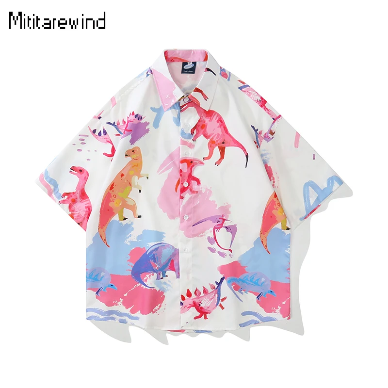 

Summer Men and Women Short Sleeve Shirts Japanese Vintage Dinosaur Full Printed Shirt Holiday Couple Hawaiian Shirt Fashion Tops