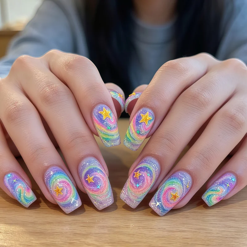 24PCS Fashion universe style rectangular fake nails with pastel rainbow vortex galaxy sequin base decorated with 3D golden stars