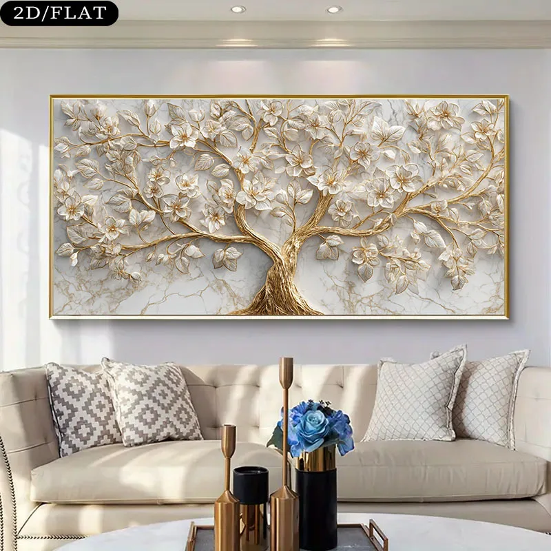 1pc frameless Canvas Painting 2D Flat 1pc Extra Large Modern Luxury Canvas Wall Art - Unframed Golden Tree Marble Background Lar