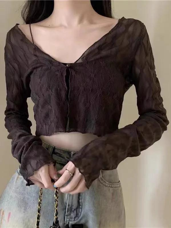 Sexy Lace Mesh Shoulder Wrap Top Women Summer Sweet Style UV Protection Thin Outerwear Cardigan Short Coat V-neck Long Sleeve