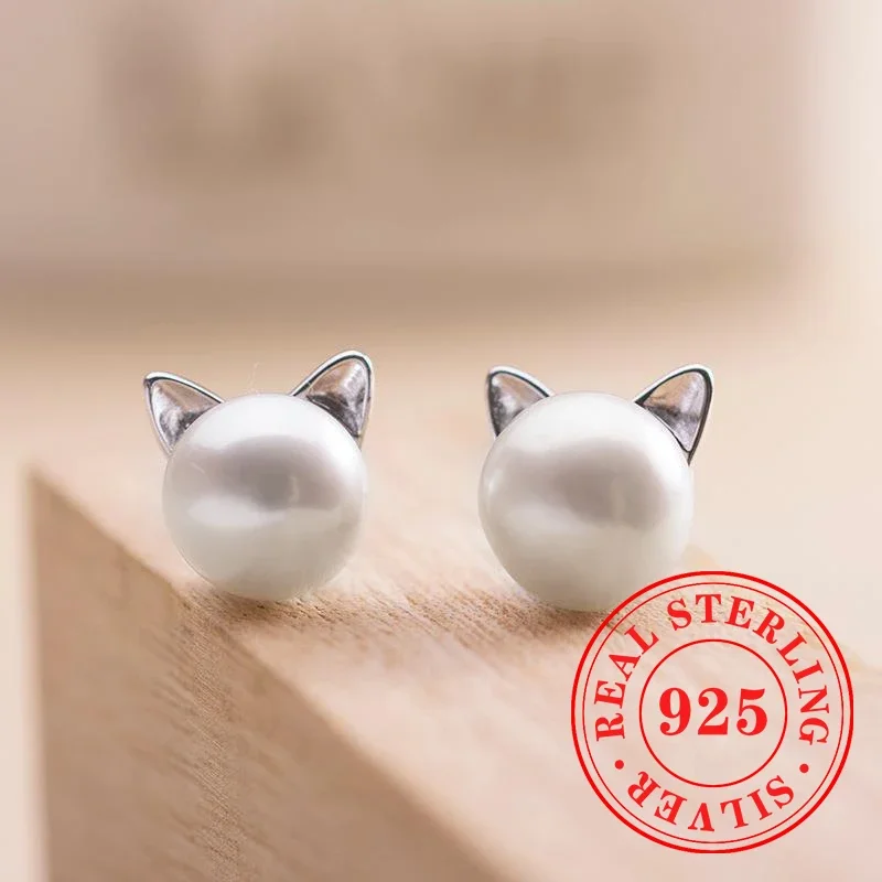 Huitan น่ารักเลียนแบบ Pearl Cat EAR STUD ต่างหู 925 เงินสเตอร์ลิงคุณภาพสูงน่ารักอุปกรณ์เสริมที่ละเอียดอ่อนเครื่องประดับ Hot