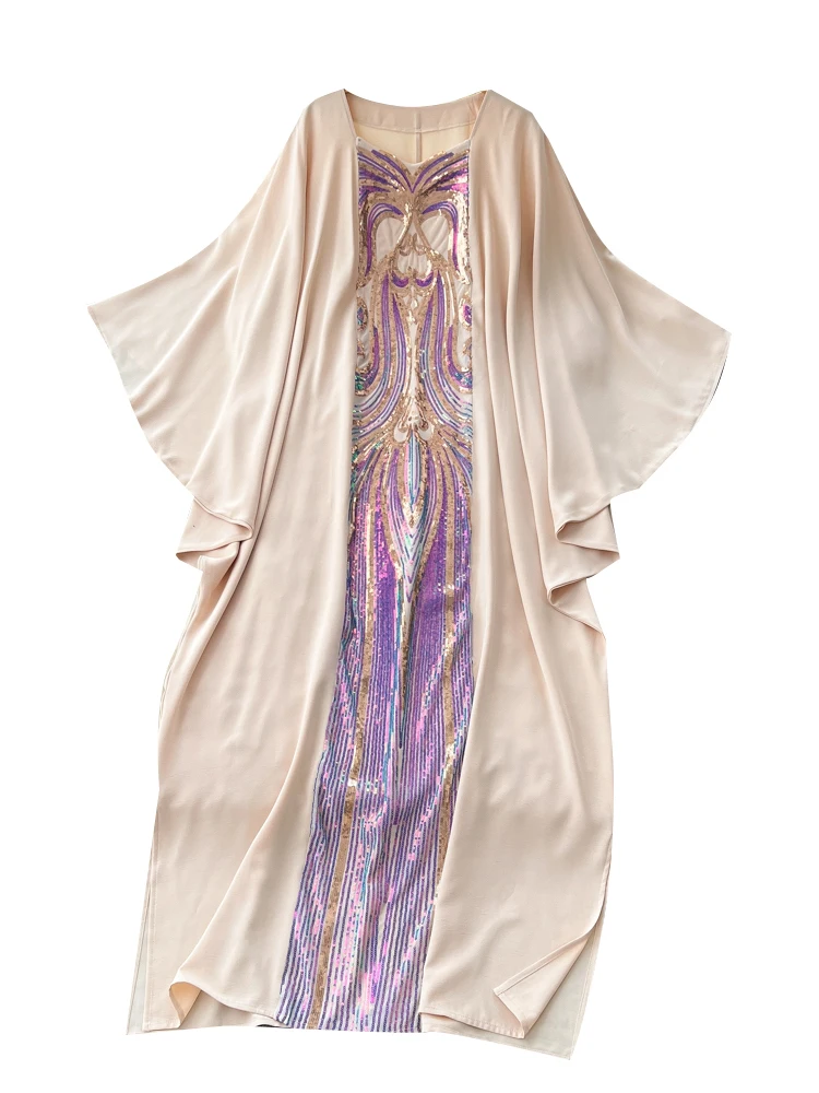 Vestido Largo Hoado con Mangas Murciélago y Parches Brillantes de Talla ande para Mujer, Estilo Industrial Pesado para Otoño
