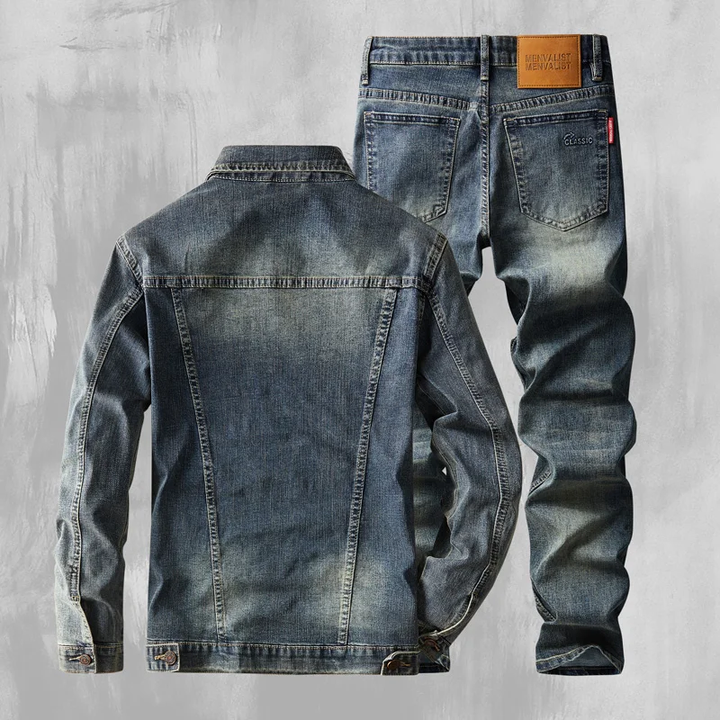 2024 Autumn/Winter  New American Denim Cowboy Set Classic Simple Versatile Washed and Elastic Jacket Jean clothes for men