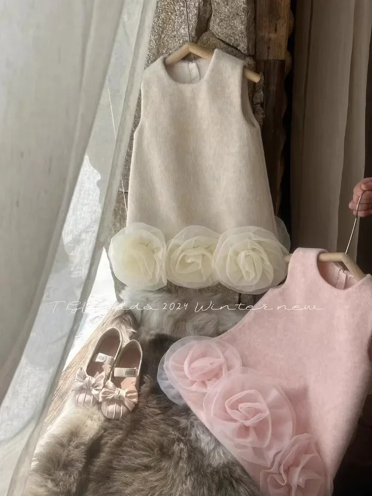 Childrens Clothing Dress 2024 New for Childrens Autumn and Winter Fashionable Flower Vest Dress for Baby Girls